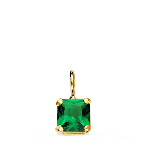 18K Colgante Oro Amarillo Cuadrado Con Garras Y Piedra Color Verde 6,5 X 6,5 Mm.