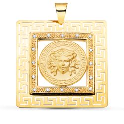 18K Colgante Oro Amarillo Cuadrado Medusa Y Grecas Con Circonita 37X37 Mm