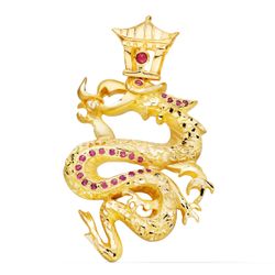 18K Colgante Oro Amarillo Dragon Con Circonita Rojas. 43X35 Mm