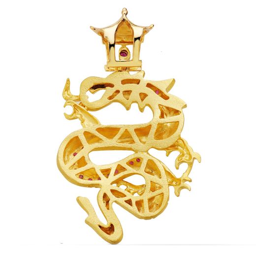 18K Colgante Oro Amarillo Dragon Con Circonita Rojas. 43X35 Mm