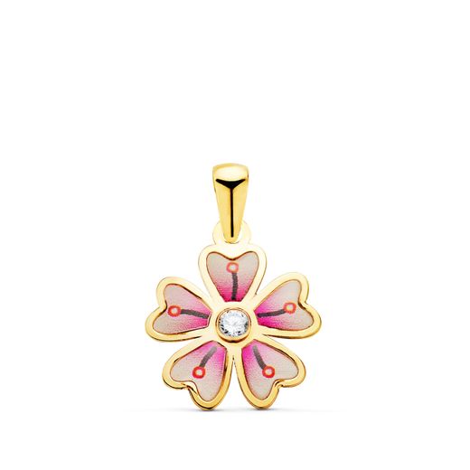 18K Colgante Oro Amarillo Flor 5 Petalos Con Esmalte Color Y Circonita. 13 X 11 Mm