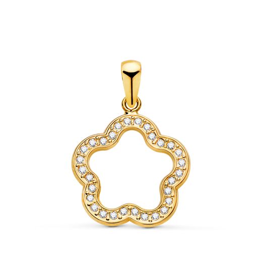 18K Colgante Oro Amarillo Flor Cerco Con Circonita 15X15 Mm