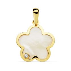 18K Colgante Oro Amarillo Flor Nacar Circonita 17X17 Mm