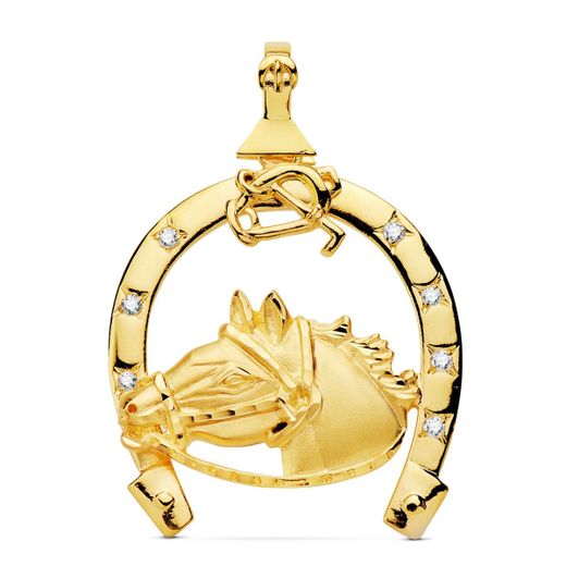 18K Colgante Oro Amarillo Herradura Circonita Con Caballo 42X39 Mm