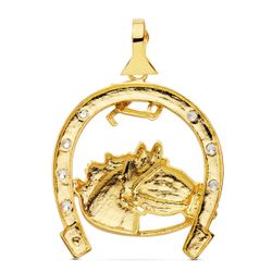18K Colgante Oro Amarillo Herradura Circonita Con Caballo 42X39 Mm