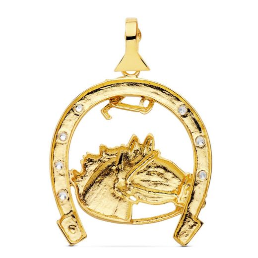 18K Colgante Oro Amarillo Herradura Circonita Con Caballo 42X39 Mm