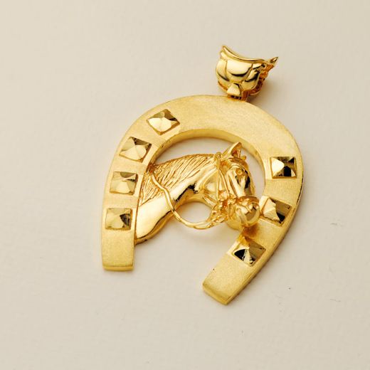 18K Colgante Oro Amarillo Herradura Con Caballo 48X40 Mm