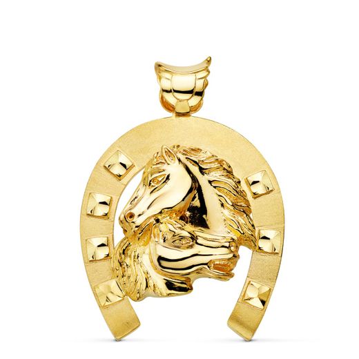 18K Colgante Oro Amarillo Herradura Con Caballos 50X44 Mm