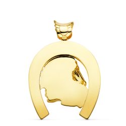 18K Colgante Oro Amarillo Herradura Con Caballos 50X44 Mm