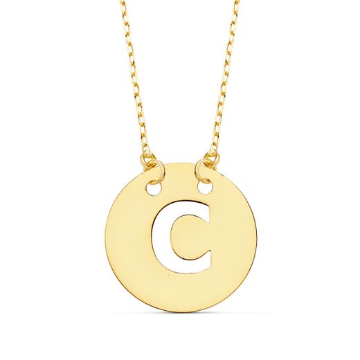 18K Colgante Oro Amarillo Letra " C " 15 Mm Cadena Forzada 42Cm
