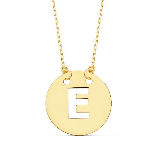 18K Colgante Oro Amarillo Letra " E " 15 Mm Cadena Forzada 42Cm