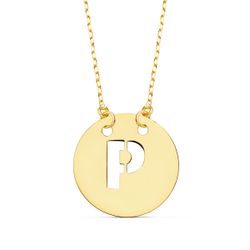 18K Colgante Oro Amarillo Letra " P " 15 Mm Cadena Forzada 42Cm