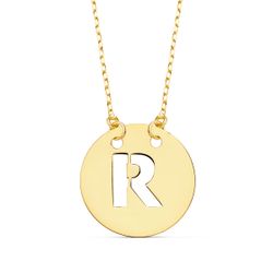 18K Colgante Oro Amarillo Letra " R " 15 Mm Cadena Forzada 42Cm