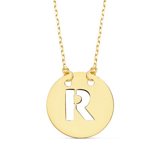 18K Colgante Oro Amarillo Letra " R " 15 Mm Cadena Forzada 42Cm