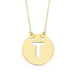 18K Colgante Oro Amarillo Letra " T " 15 Mm Cadena Forzada 42Cm