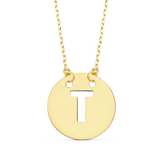 18K Colgante Oro Amarillo Letra " T " 15 Mm Cadena Forzada 42Cm