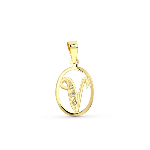 18K Colgante Oro Amarillo Letra V Con Circonitas