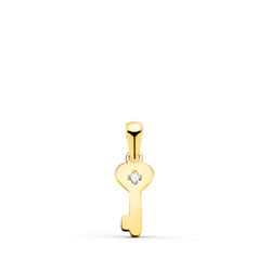 18K Colgante Oro Amarillo Llave Lisa En Brillo Con Circonita 14 X 6 Mm