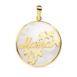 18K Colgante Oro Amarillo Mama Nacar Mariposas 20 Mm