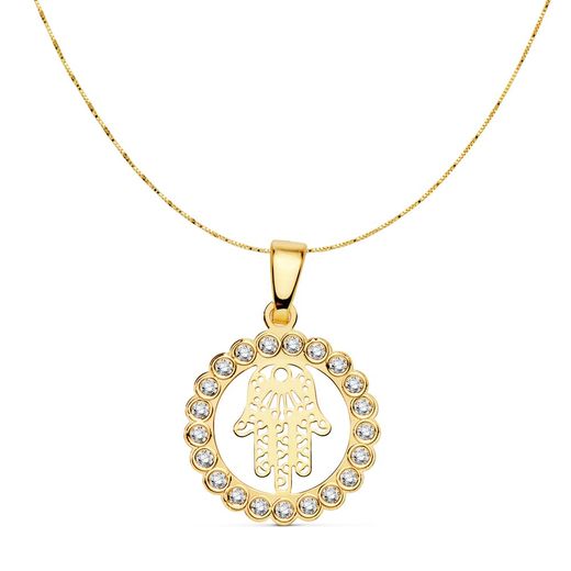 18K Colgante Oro Amarillo Mano De Fatima Circonita 15 Mm