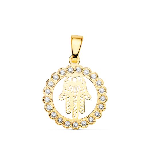 18K Colgante Oro Amarillo Mano De Fatima Circonita 15 Mm