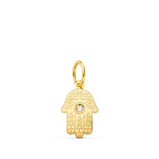 18K Colgante Oro Amarillo Mano De Fatima Tallada Circonita 11 X 6,5Mm