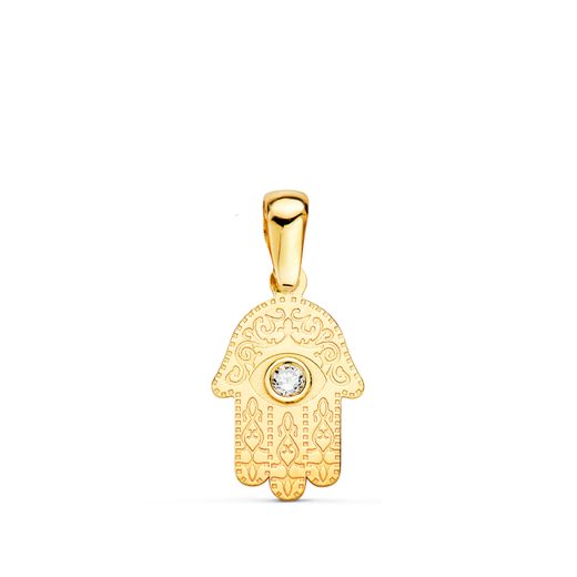 18K Colgante Oro Amarillo Mano De Fatima Tallada Circonita 13 X 8Mm