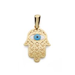 18K Colgante Oro Amarillo Mano Fatima Y Ojo Turco 19X13 Mm