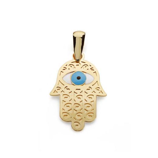 18K Colgante Oro Amarillo Mano Fatima Y Ojo Turco 19X13 Mm