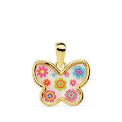 18K Colgante Oro Amarillo Mariposa Nacar Colores. 14X11 Mm