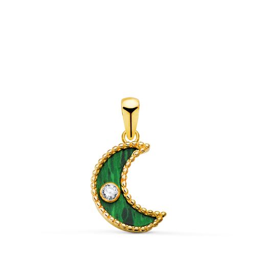 18K Colgante Oro Amarillo Media Luna Cerco Bolitas Y Malaquita Con Circonita 12,5X9,5 Mm.