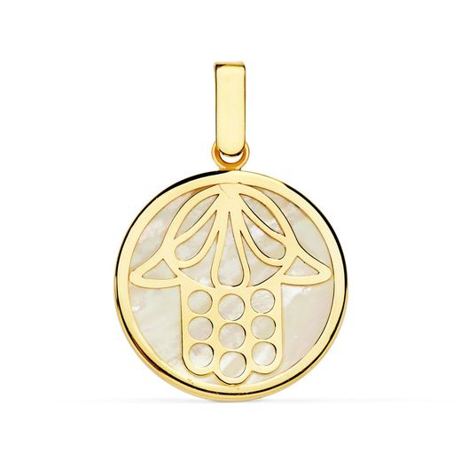 18K Colgante Oro Amarillo Nacar Mano De Fatima 18 Mm