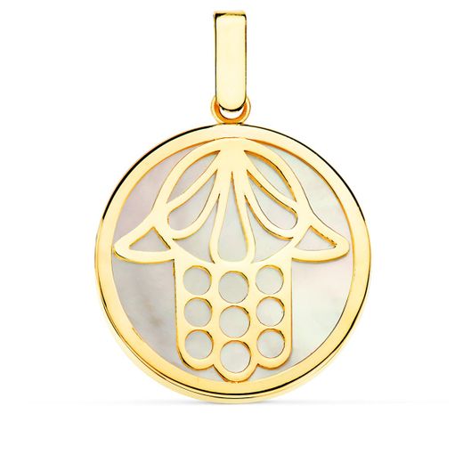 18K Colgante Oro Amarillo Nacar Mano De Fatima 20 Mm