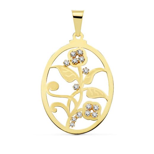 18K Colgante Oro Amarillo Oval Flor Circonita 37X29 Mm