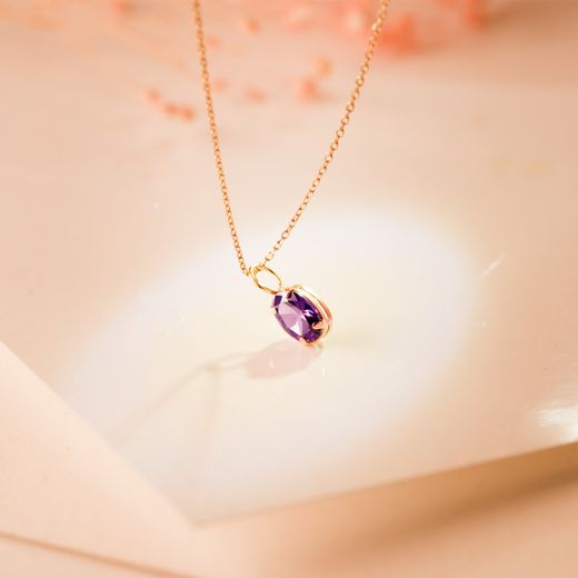 18K Colgante Oro Amarillo Oval Piedra Color Amatista 7 X 5 Mm.