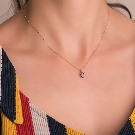 18K Colgante Oro Amarillo Oval Piedra Color Amatista 7 X 5 Mm.