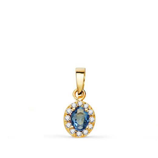 18K Colgante Oro Amarillo Piedra Oval Azul Y Circonitas. 6,5 X 5,5 Mm.