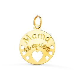 18K Colgante Oro Amarillo Redondo Mama Te Quiero Con Corazone Calados 15 Mm