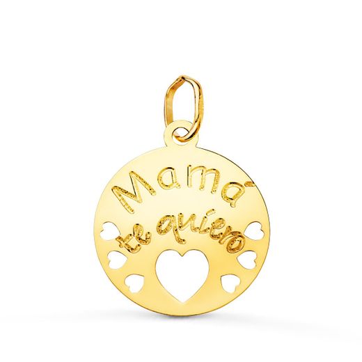18K Colgante Oro Amarillo Redondo Mama Te Quiero Con Corazone Calados 15 Mm