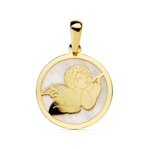 18K Colgante Oro Amarillo Redondo Nacar Angel 17 Mm