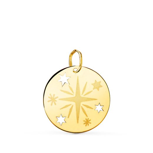 18K Colgante Oro Amarillo Redondo Rosa De Los Vientos Grabada En Brillo 18 Mm