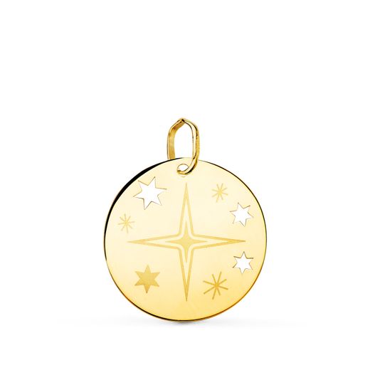 18K Colgante Oro Amarillo Redondo Rosa De Los Vientos Grabada En Brillo 18 Mm