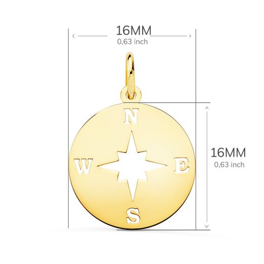 18K Colgante Oro Amarillo Rosa De Los Vientos Brillo Y Calada 16 Mm