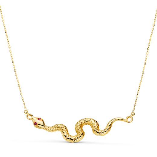 18K Colgante Oro Amarillo Serpiente Ojos Circonitas Rojas 40X9 Mm. Cadena Forzada: 45-5 Cm