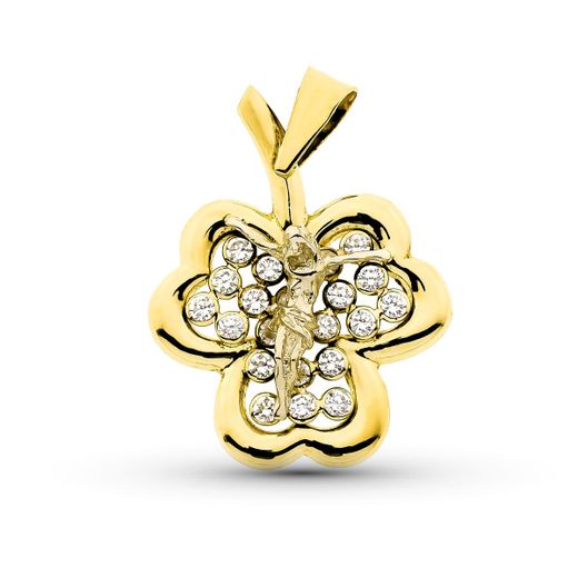 18K Colgante Oro Amarillo Trebol Cristo. 27X20 Mm