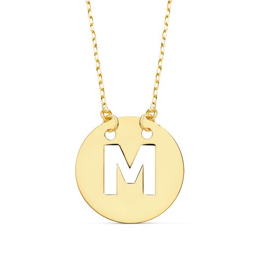 18K Colgante Oro Amarilo Letra " M " 15 Mm Cadena Forzada 42Cm