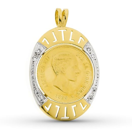 18K Colgante Oro Bicolor Moneda Con Circonita 37X24 Mm