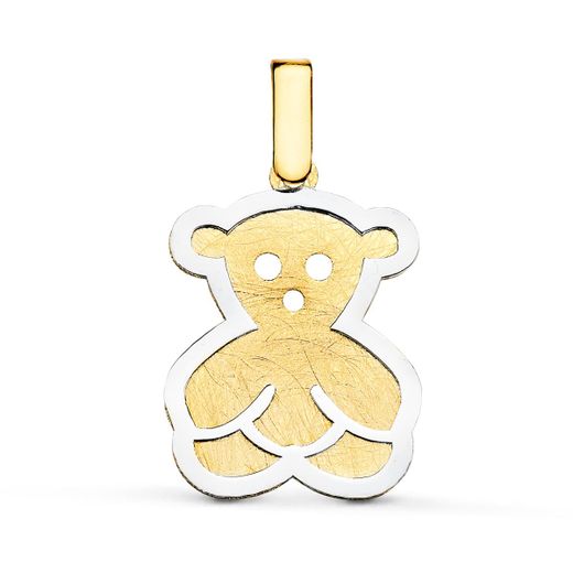 18K Colgante Oro Bicolor Oso Superficie Texturizada Y Borde Oro Blanco. 20X16