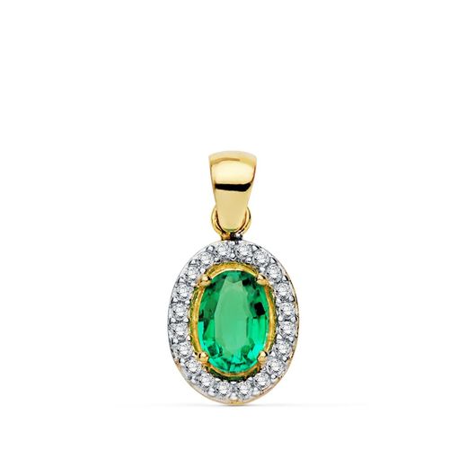 18K Colgante Oro Bicolor Piedra Esmeralda Y Circonita 10X8 Mm