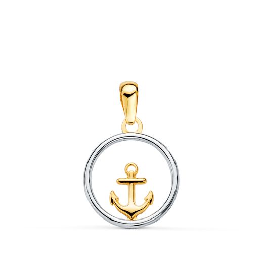 18K Colgante Oro Bicolor Redondo Con Ancla. 13Mm